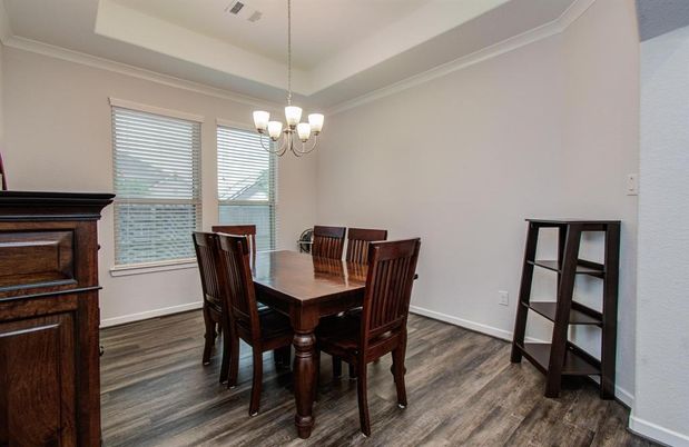 Chandelier, Dining room, Interior, Wood Texture Flooring