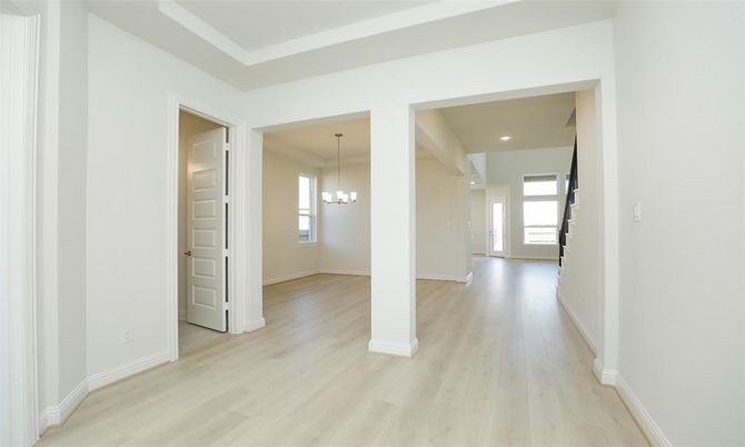 Empty room, Interior, Pendant Lights, Recessed Lighting, Wood Texture Flooring