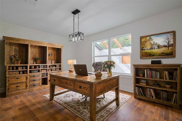 Home Office, Interior, Pendant Lights, Wood Texture Flooring