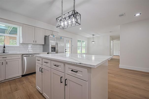 Interior, Kitchen, Pendant Lights, Recessed Lighting, Stainless Steel Appliances, Wood Texture Flooring