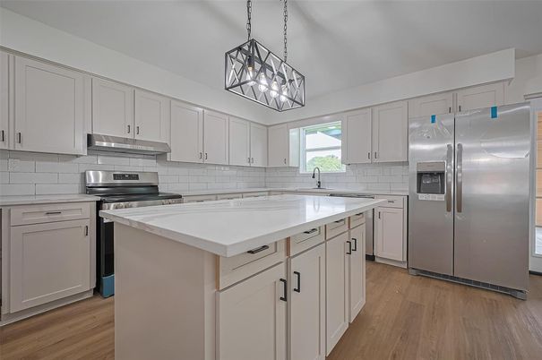Interior, Kitchen, Pendant Lights, Stainless Steel Appliances, Wood Texture Flooring