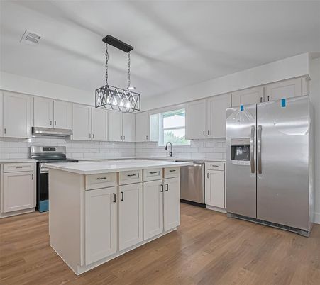 Interior, Kitchen, Pendant Lights, Stainless Steel Appliances, Wood Texture Flooring