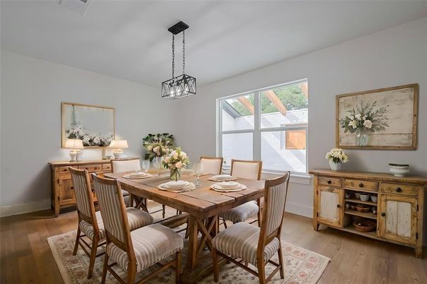 Dining room, Interior, Pendant Lights, Wood Texture Flooring