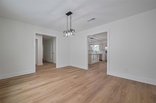 Empty room, Interior, Kitchen, Pendant Lights, Wood Texture Flooring