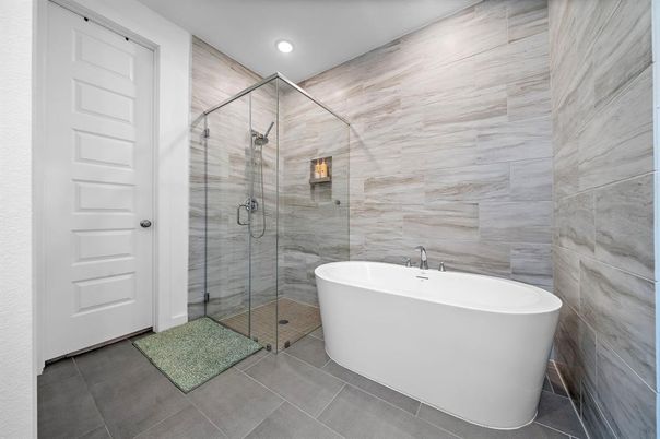 Bathroom, Free Standing Baths, Glass Shower, Interior, Marble Walls, Recessed Lighting