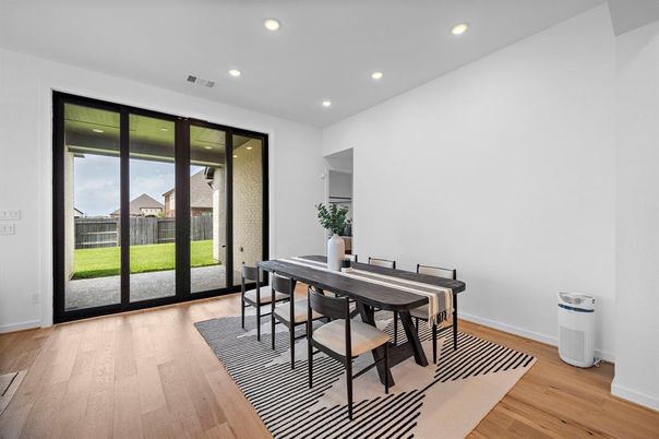 Dining room, Interior, Recessed Lighting, Wood Texture Flooring