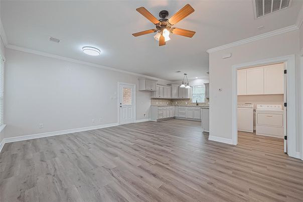 Empty room, Interior, Kitchen, Pendant Lights, Wood Texture Flooring