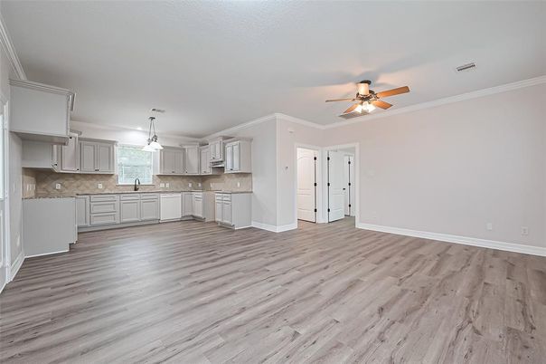 Empty room, Interior, Kitchen, Pendant Lights, Wood Texture Flooring