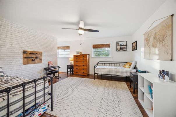 Bedroom, Interior, Stone Walls, Wood Texture Flooring