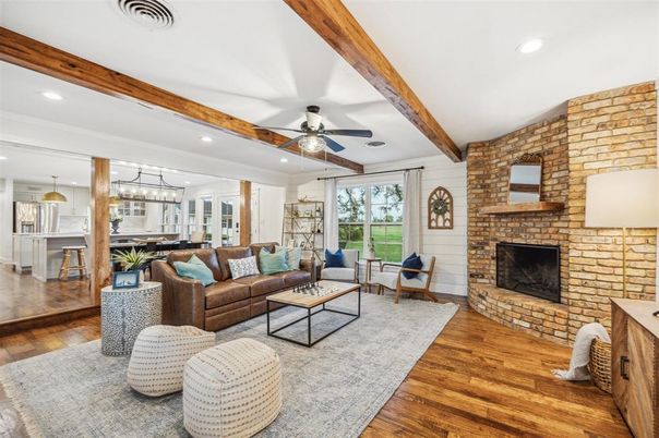 Dining room, Fireplace, Interior, Kitchen, Living room, Pendant Lights, Recessed Lighting, Stone Walls, Wooden Beams, Wood Texture Flooring