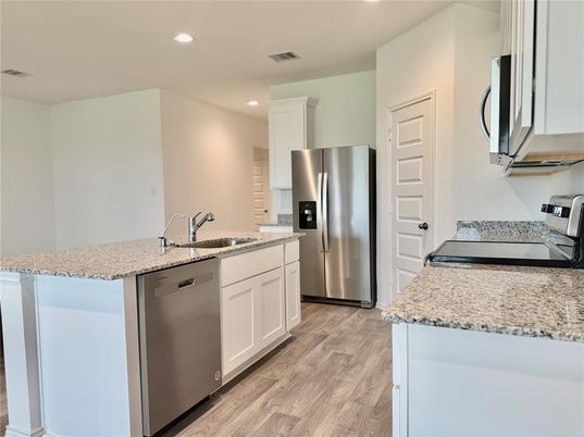 Interior, Kitchen, Recessed Lighting, Stainless Steel Appliances, Wood Texture Flooring