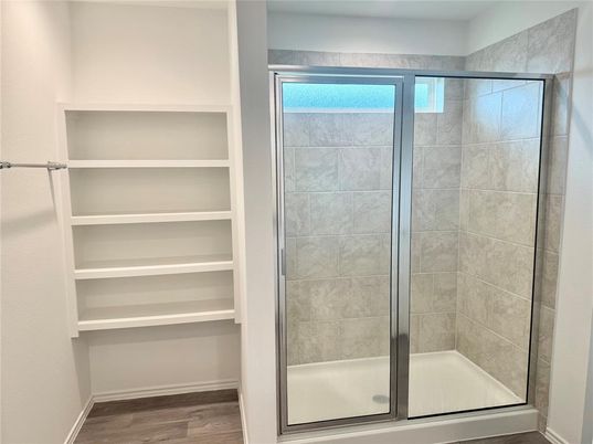 Bathroom, Glass Shower, Interior, Wood Texture Flooring