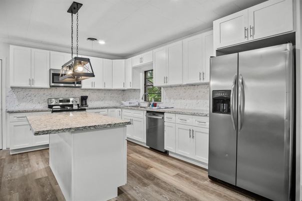 Interior, Kitchen, Pendant Lights, Recessed Lighting, Stainless Steel Appliances, Wood Texture Flooring