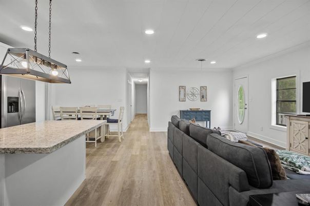 Dining room, Interior, Kitchen, Living room, Pendant Lights, Recessed Lighting, Wood Texture Flooring