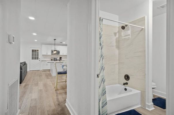 Bathroom, Interior, Kitchen, Marble Walls, Pendant Lights, Recessed Lighting, Wood Texture Flooring