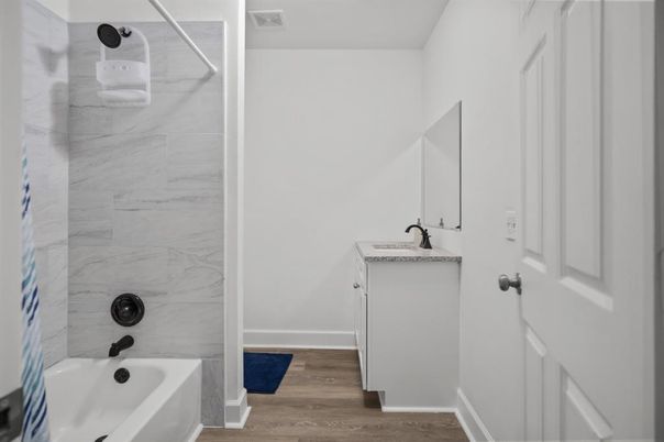 Bathroom, Interior, Marble Walls, Wood Texture Flooring