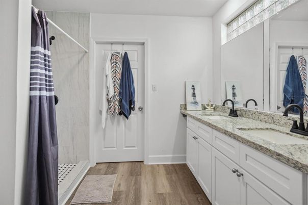 Bathroom, Dual Sink Vanities, Interior, Wood Texture Flooring