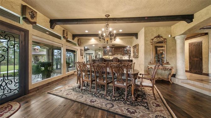 Chandelier, Dining room, Interior, Kitchen, Recessed Lighting, Wooden Beams, Wood Texture Flooring