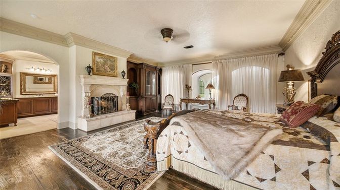 Bedroom, Fireplace, Interior, Wood Texture Flooring