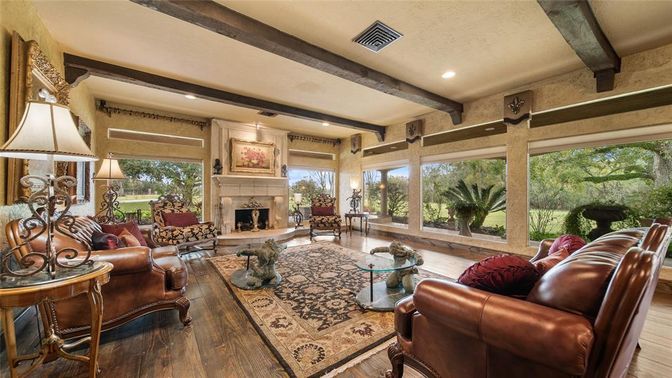 Fireplace, Interior, Living room, Recessed Lighting, Wooden Beams, Wood Texture Flooring