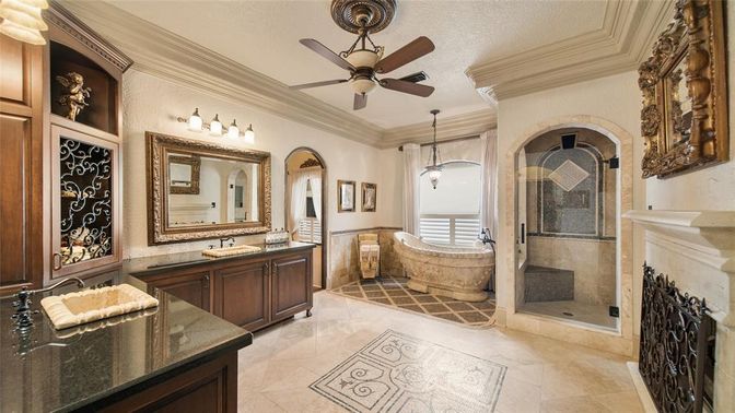 Bathroom, Fireplace, Interior, Pendant Lights