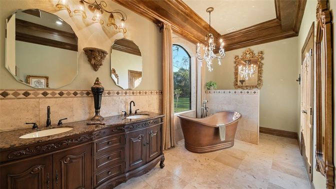 Bathroom, Chandelier, Dual Sink Vanities, Free Standing Baths, Interior, Pendant Lights, Recessed Lighting
