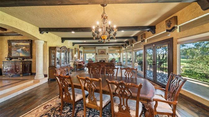 Chandelier, Dining room, Fireplace, Interior, Recessed Lighting, Wooden Beams, Wood Texture Flooring