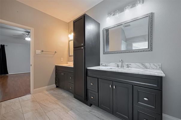 Bathroom, Dual Sink Vanities, Interior, Marble, Wood Texture Flooring
