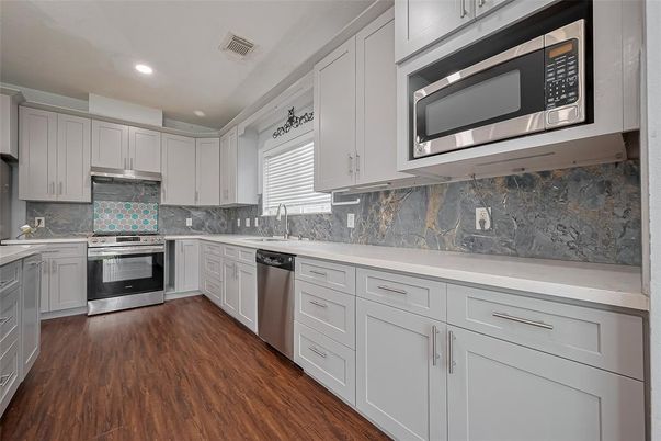 Interior, Kitchen, Recessed Lighting, Stainless Steel Appliances, Wood Texture Flooring