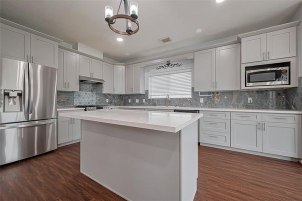 Interior, Kitchen, Pendant Lights, Recessed Lighting, Stainless Steel Appliances, Wood Texture Flooring