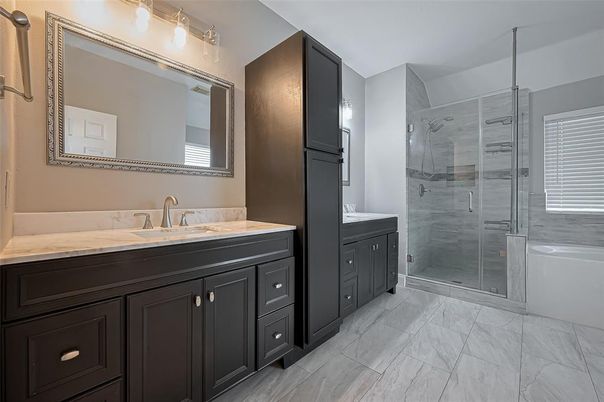 Bathroom, Dual Sink Vanities, Glass Shower, Interior, Marble