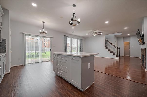 Chandelier, Interior, Kitchen, Pendant Lights, Recessed Lighting, Wood Texture Flooring