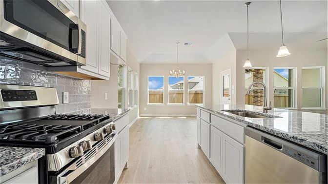 Chandelier, Interior, Kitchen, Pendant Lights, Stainless Steel Appliances, Wood Texture Flooring