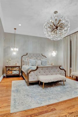 Bedroom, Interior, Pendant Lights, Recessed Lighting, Wood Texture Flooring