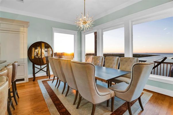 Dining room, Interior, Pendant Lights, Water, Wood Texture Flooring