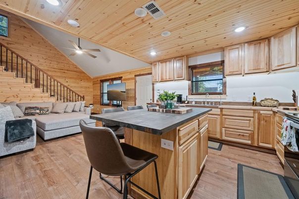 Interior, Kitchen, Living room, Recessed Lighting, Wooden Ceilings, Wood Texture Flooring, Wooden Walls
