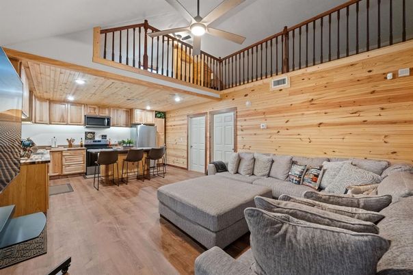 Interior, Kitchen, Living room, Recessed Lighting, Stainless Steel Appliances, Wood Texture Flooring, Wooden Walls