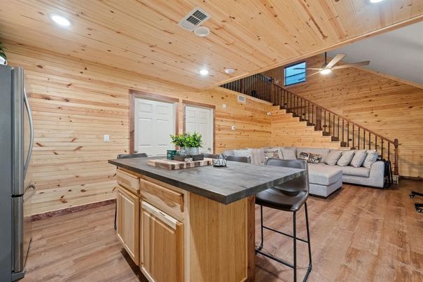 Interior, Kitchen, Living room, Recessed Lighting, Wooden Ceilings, Wood Texture Flooring, Wooden Walls