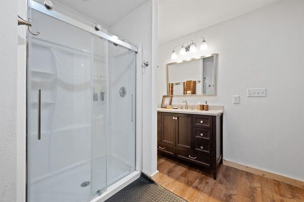 Bathroom, Glass Shower, Interior, Wood Texture Flooring