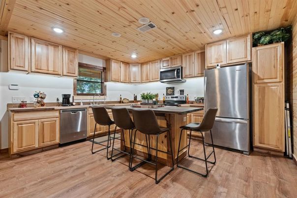 Interior, Kitchen, Recessed Lighting, Stainless Steel Appliances, Wooden Ceilings, Wood Texture Flooring