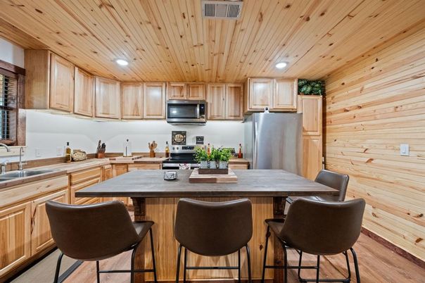 Interior, Kitchen, Recessed Lighting, Wooden Ceilings, Wood Texture Flooring, Wooden Walls