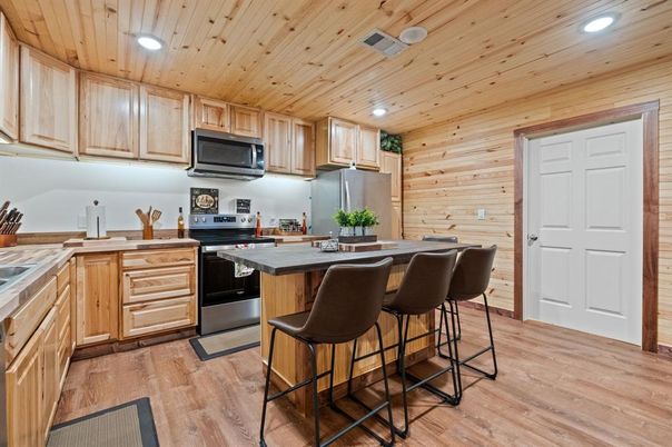 Interior, Kitchen, Recessed Lighting, Wooden Ceilings, Wood Texture Flooring, Wooden Walls