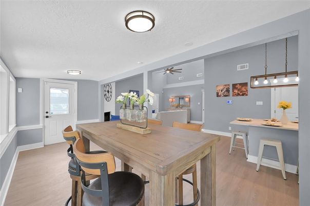 Dining room, Interior, Pendant Lights, Wood Texture Flooring