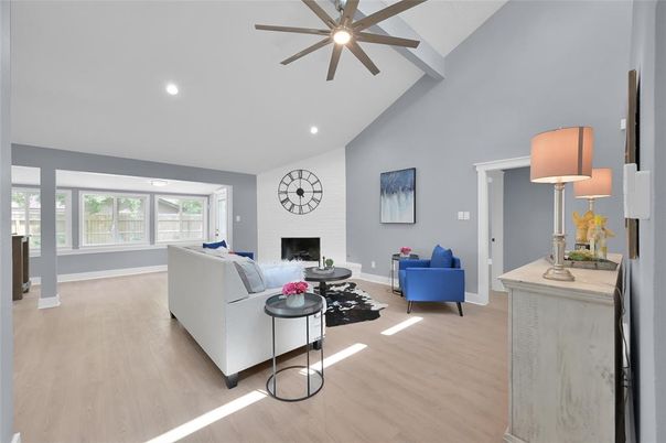 Fireplace, Interior, Living room, Recessed Lighting, Wood Texture Flooring
