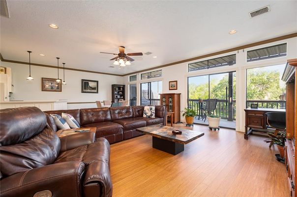 Interior, Living room, Pendant Lights, Recessed Lighting, Wood Texture Flooring