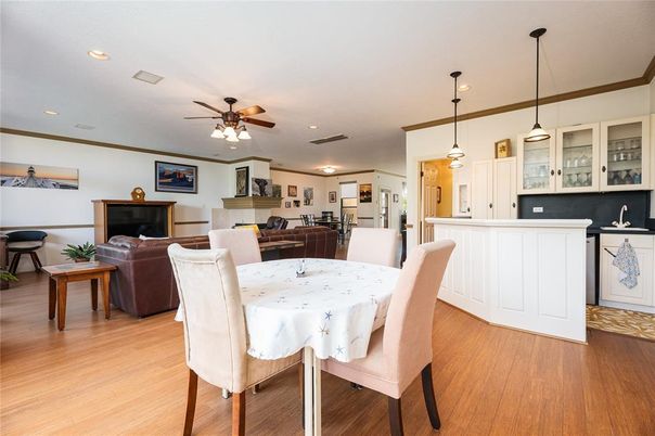 Dining room, Interior, Kitchen, Living room, Pendant Lights, Recessed Lighting, Wood Texture Flooring