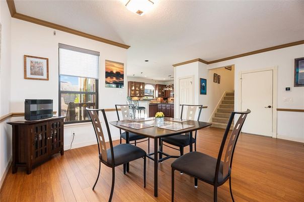 Dining room, Interior, Kitchen, Pendant Lights, Recessed Lighting, Wood Texture Flooring