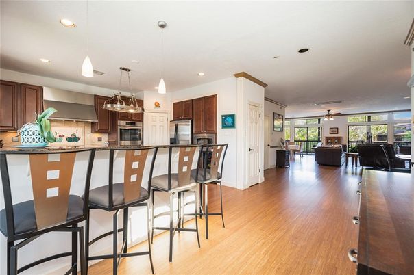 Interior, Kitchen, Living room, Pendant Lights, Recessed Lighting, Wood Texture Flooring