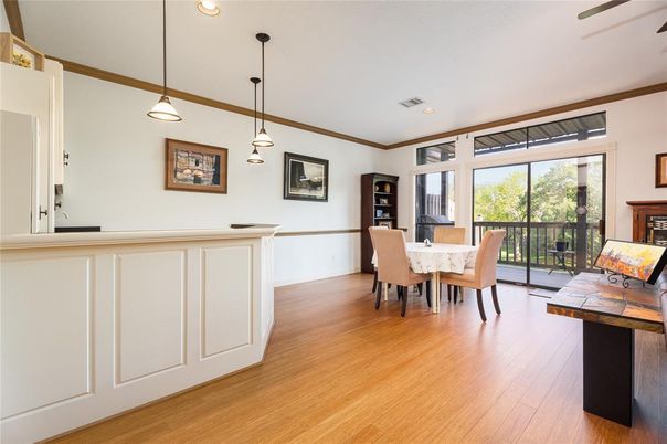 Dining room, Interior, Pendant Lights, Recessed Lighting, Wood Texture Flooring