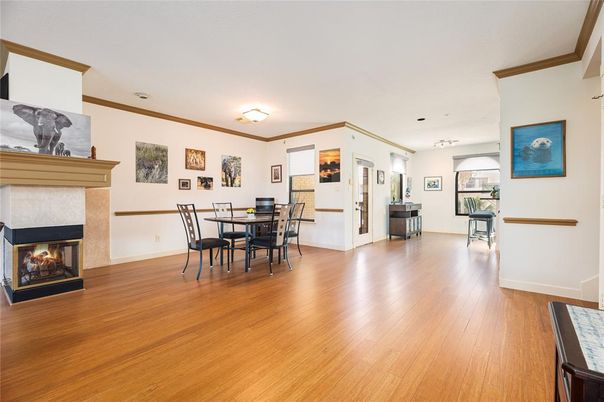 Dining room, Fireplace, Interior, Wood Texture Flooring